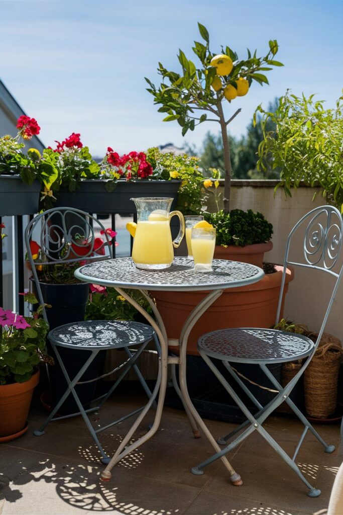 Balcony bistro set with potted geraniums, petunias, lemon tree, and lemonade
