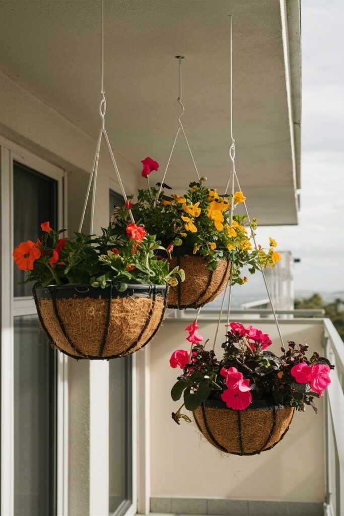 Hanging flower baskets with fuchsias, petunias and calibrachoa on balcony ceiling