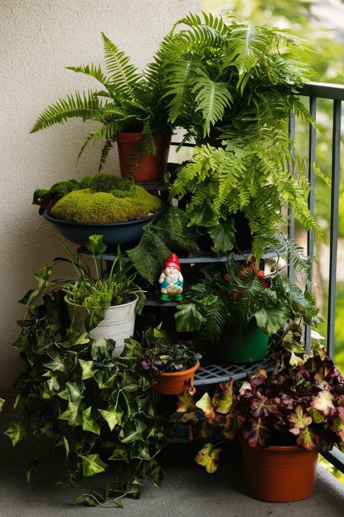 Shade-loving ferns, mosses, ivy and begonias on tiered plant stand in balcony corner, with garden gnome