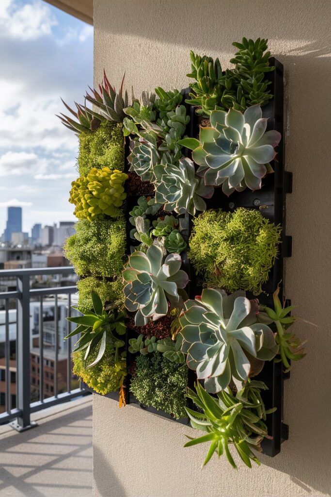 Vertical succulent garden wall on balcony