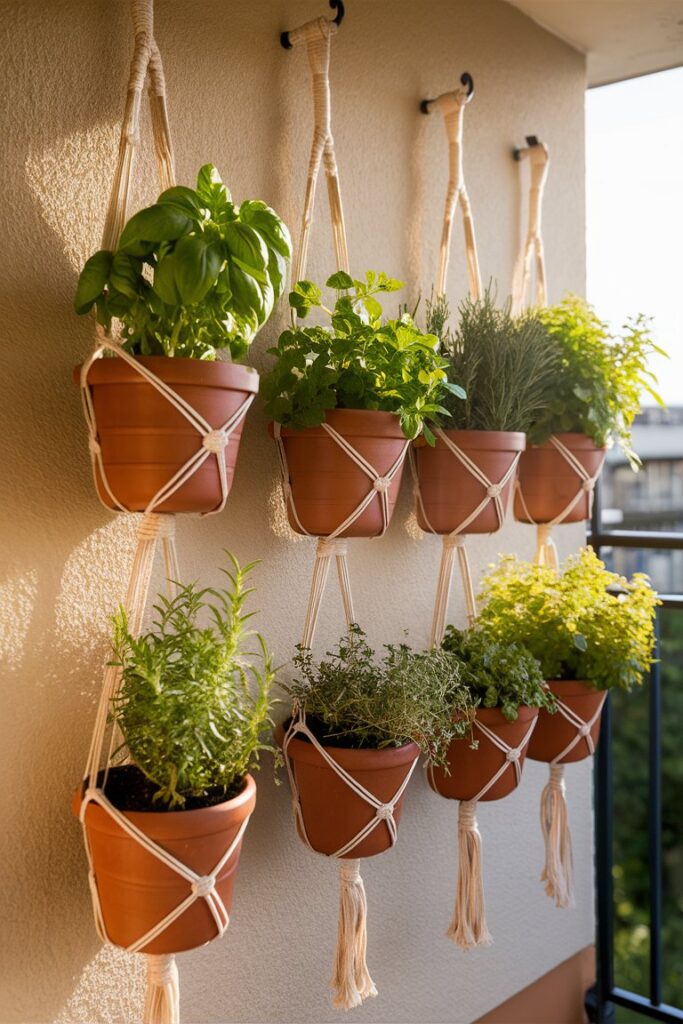 Hanging herb garden on balcony wall