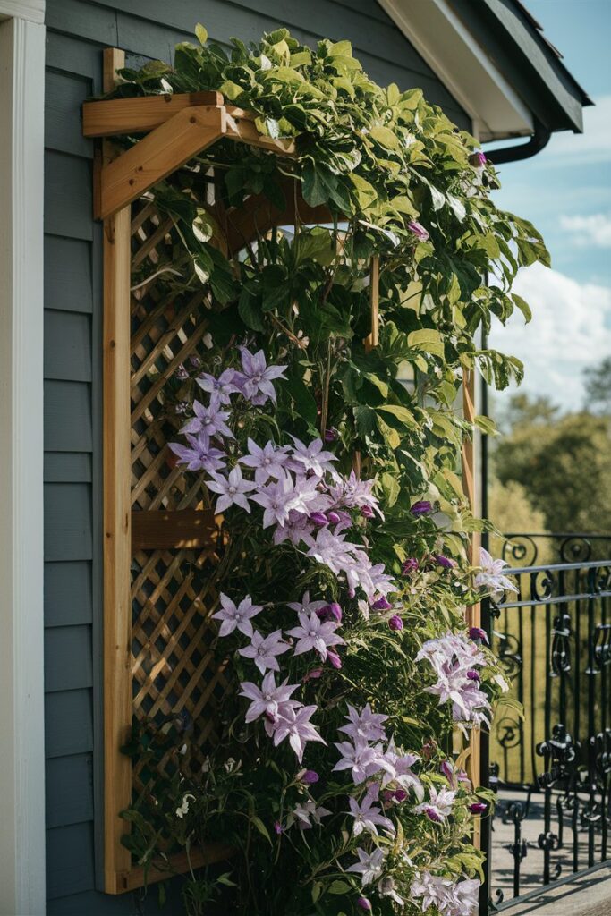 Clematis vines climbing a trellis on balcony wall