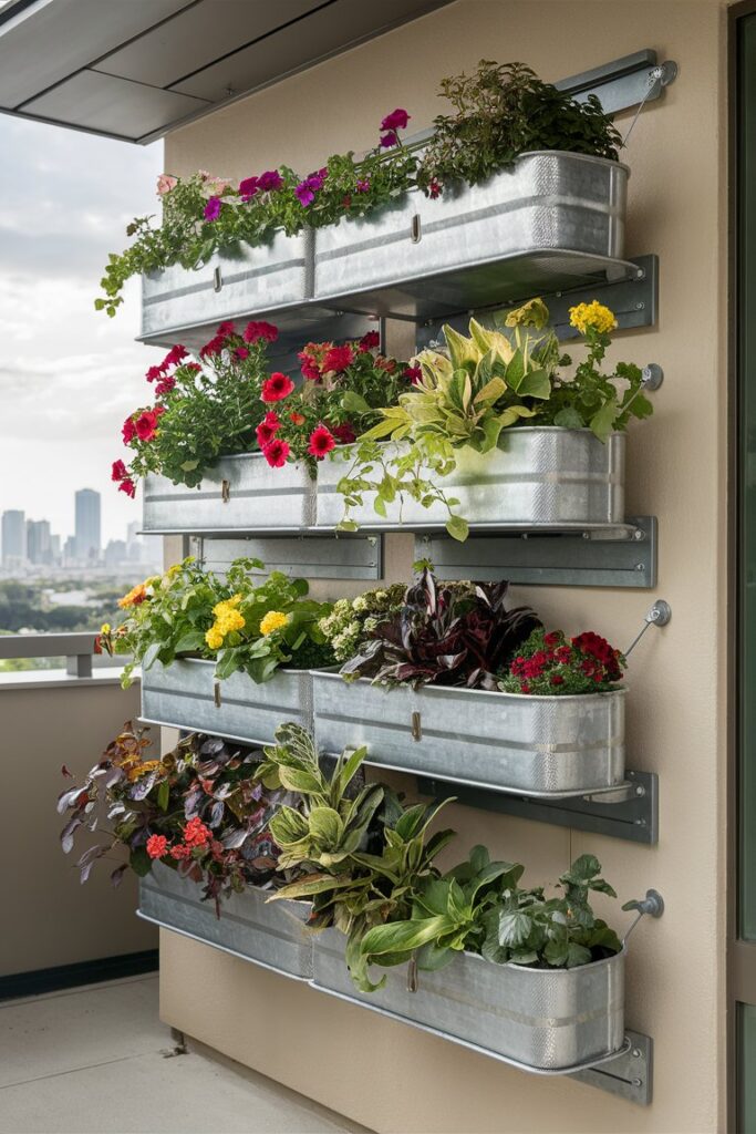 Tiered container garden on balcony wall