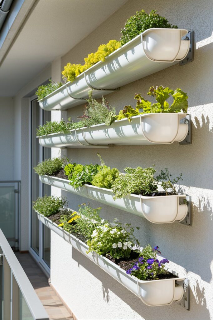 Rain gutter garden on balcony wall