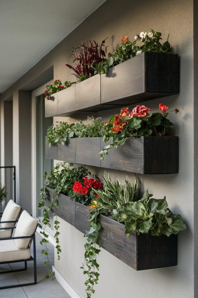 Wall-mounted planter boxes on balcony