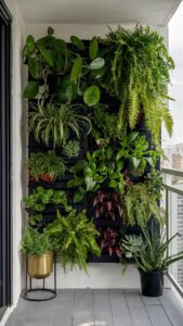 Vertical garden wall with assorted hanging and mounted plants on balcony