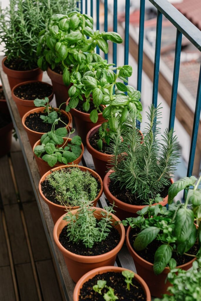Potted herb garden with basil, mint, rosemary, and thyme on balcony shelf