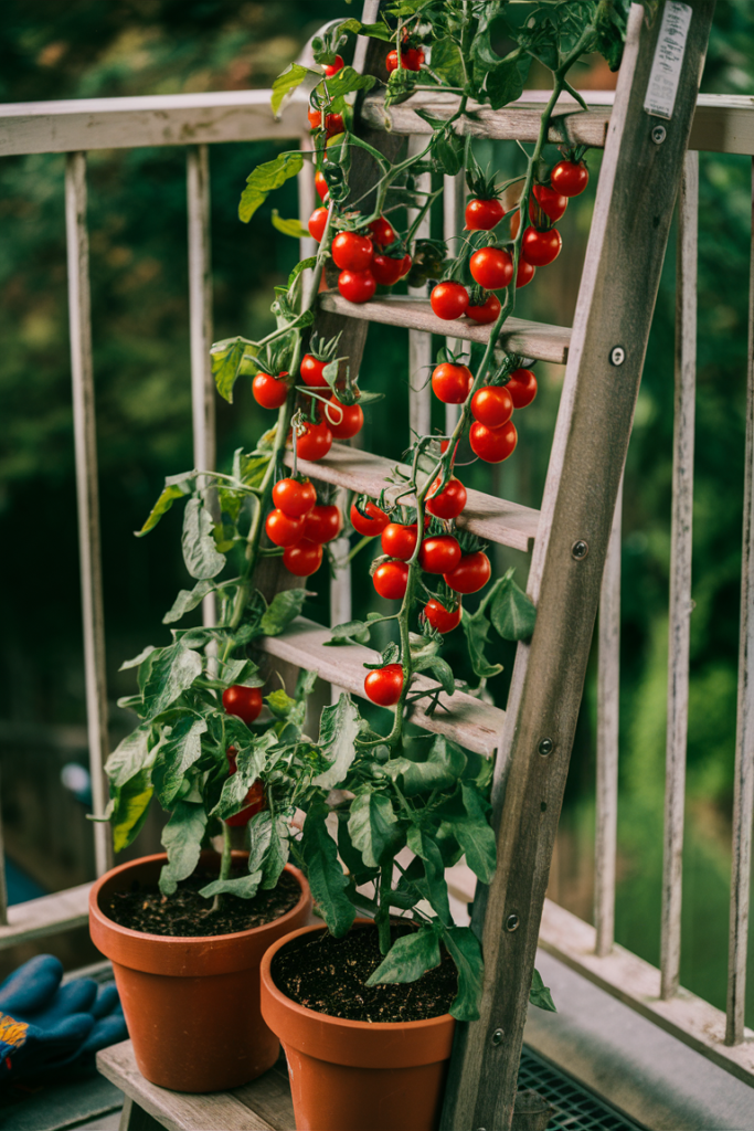 Wooden ladder with cherry tomato plants growing vertically on balcony