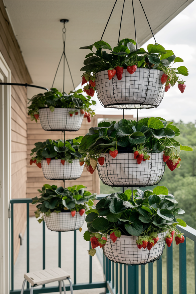 Hanging wire baskets with strawberry plants on balcony ceiling