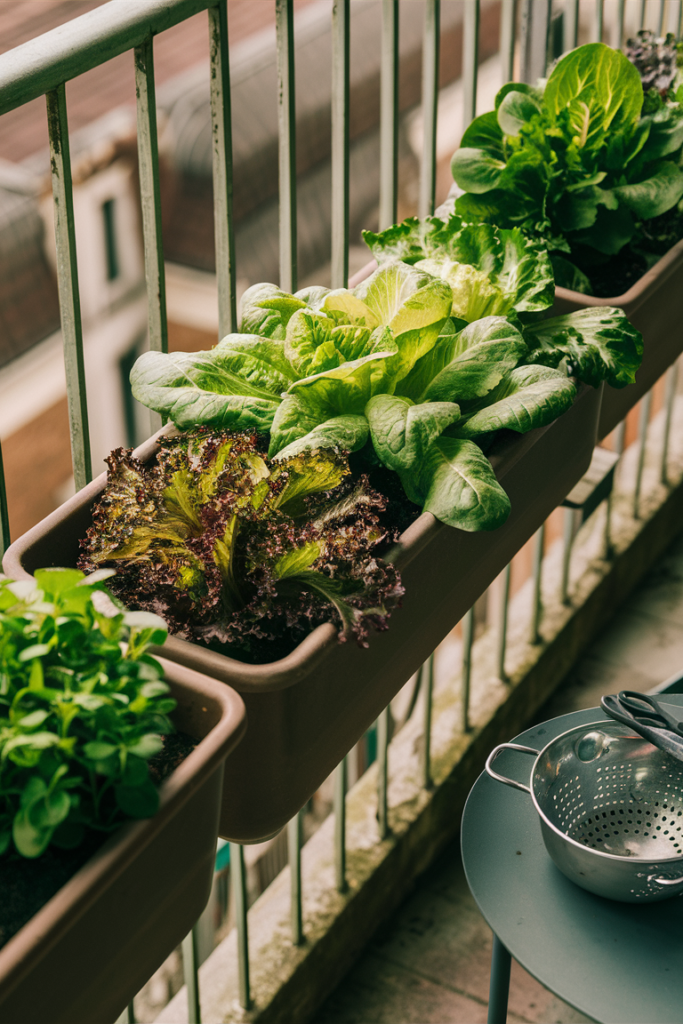 Balcony railing planters filled with various lettuce types