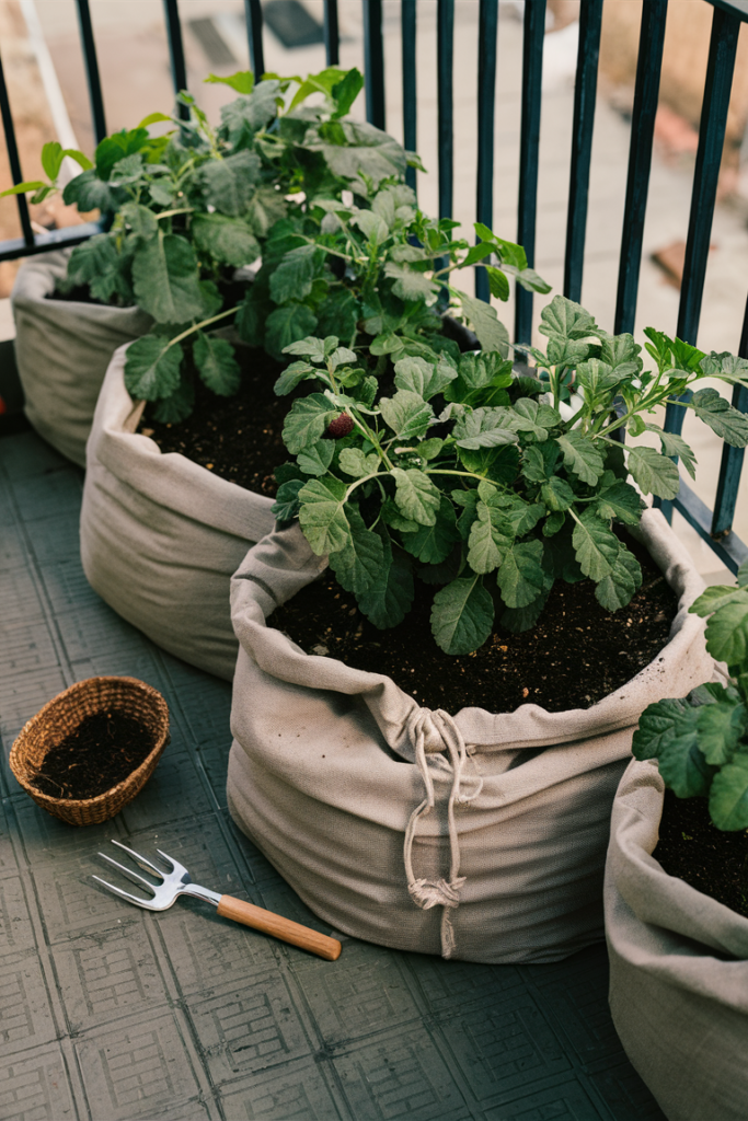 Fabric grow bags with potato plants on balcony floor