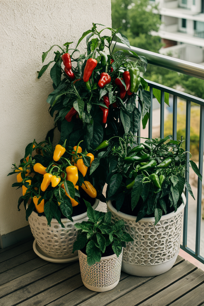 Large pots with colorful bell pepper plants in balcony corner