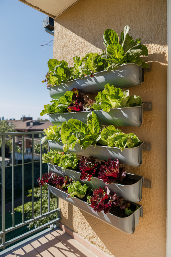 Vertical garden system with various types of lettuce growing in wall-mounted gutters on a balcony