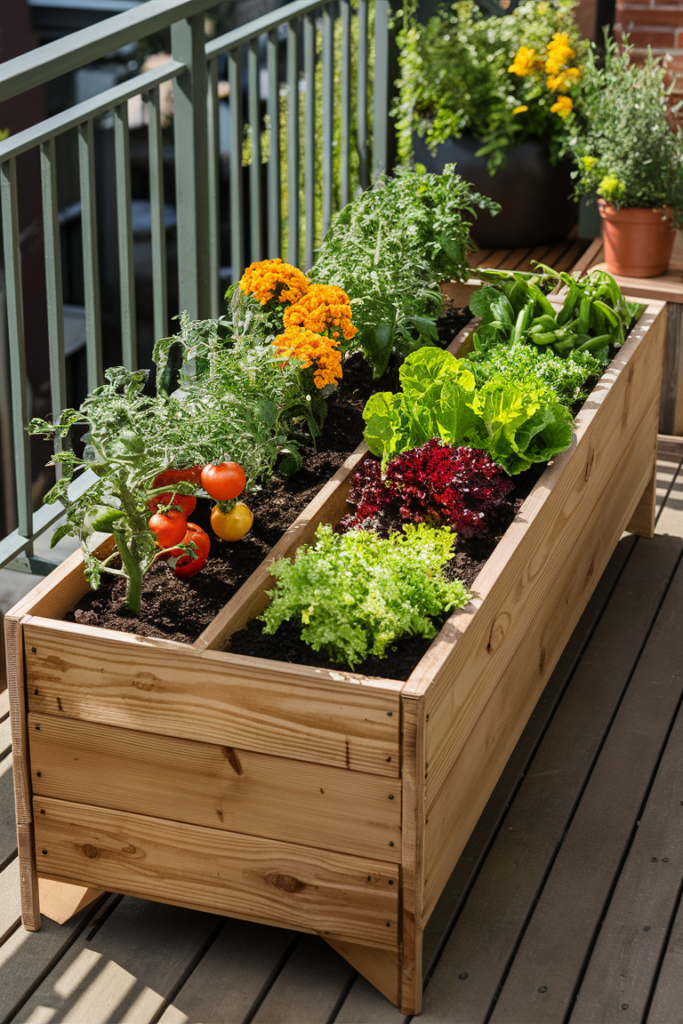 Rectangular freestanding cedar wood raised garden bed on a balcony