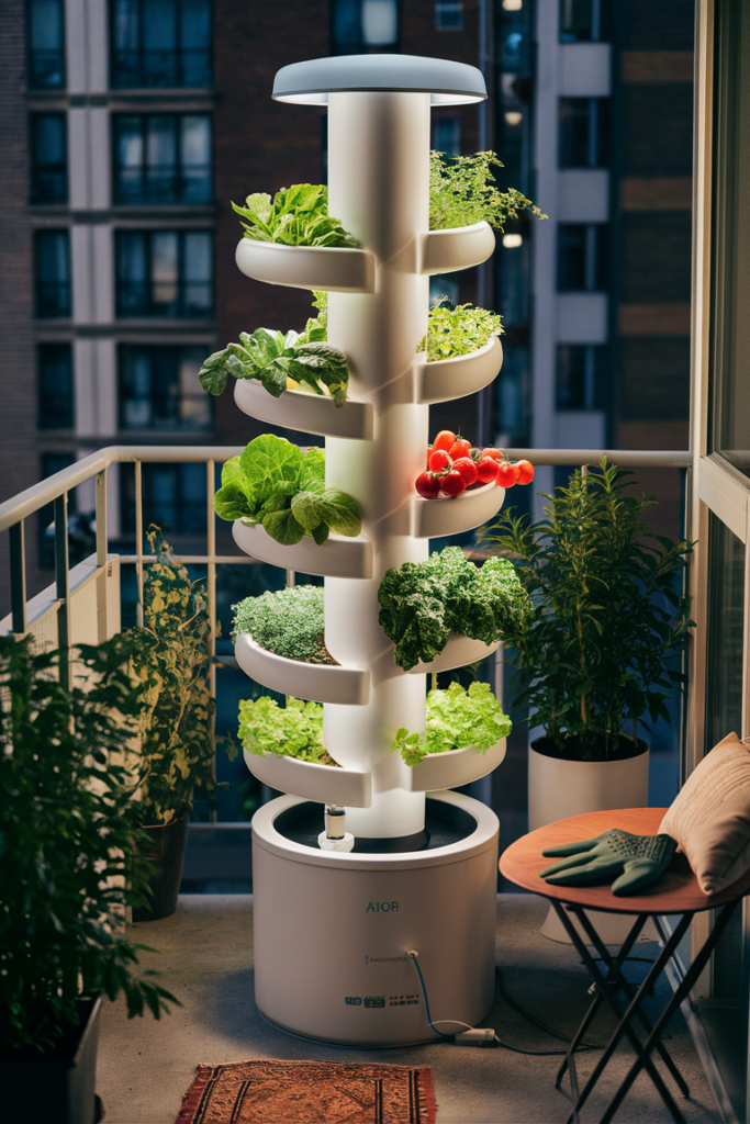 Apartment balcony with a hydroponic tower garden featuring lettuce, spinach, kale, and cherry tomatoes