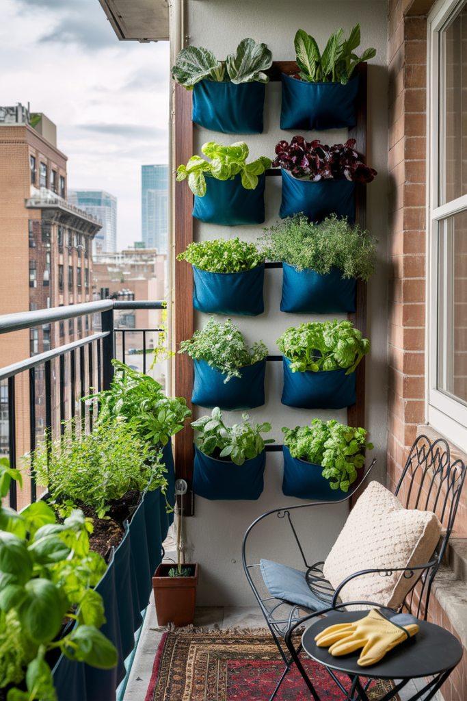 Apartment balcony with wall-mounted pocket planters containing lettuce, spinach, kale, basil, and mint