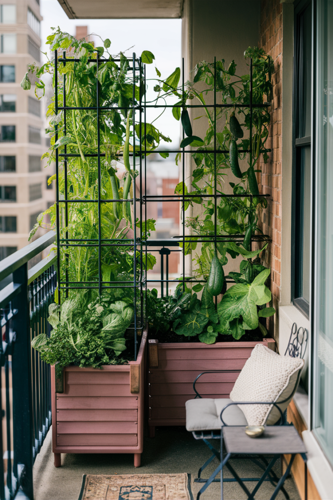 Apartment balcony with trellis planter boxes containing climbing peas, beans, and cucumbers, with a small table and cozy chair