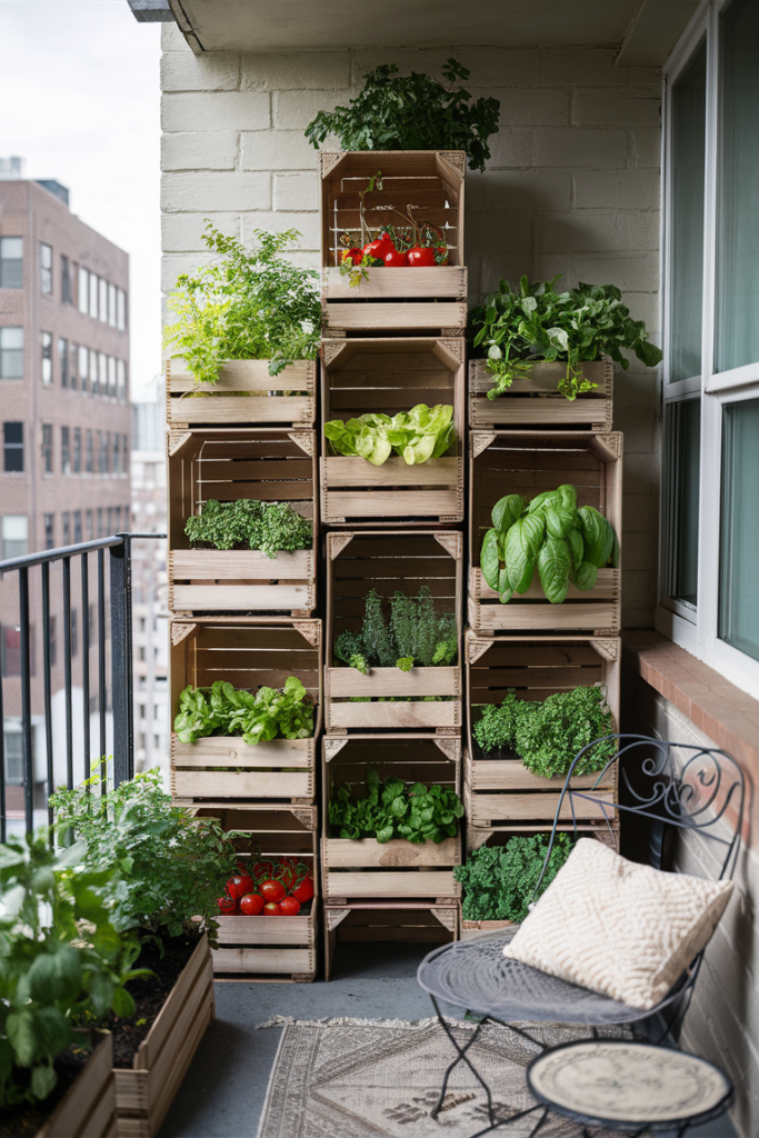 Apartment balcony with a stacked crate garden featuring crates of cherry tomatoes, lettuce, spinach, basil, and parsley